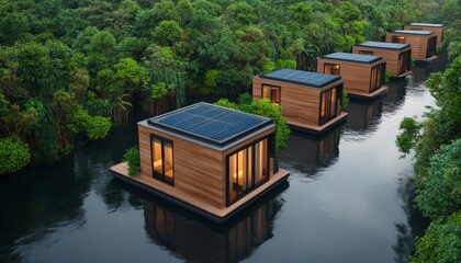 Modern floating houses surrounded by lush greenery with solar panels on rooftops.