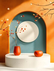 Wall Mural - Minimalist 3D studio room featuring a terrazzo background sleek product podium and window shadow overlay on the counter all bathed in warm natural sunlight  This clean