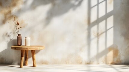 Fototapete - Minimalist white and wood 3D studio room with empty floor wall and product podium mockup Soft natural sunlight casts a gentle shadow overlay from the window to the countertop
