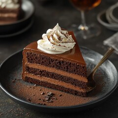 A slice of rich chocolate mousse cake, served with a dollop of whipped cream and a sprinkle of cocoa