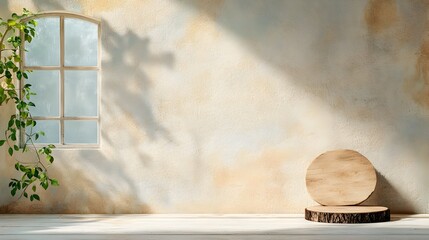 Wall Mural - Rustic 3D studio room with wooden background empty floor and wall product podium shadow overlay from window to countertop and sunlight filled mockup