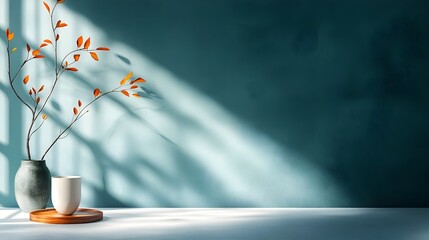 Fototapete - Sleek and modern 3D studio room design with a clean black and white background an empty floor and wall and a product podium  The scene features a shadow overlay from a window creating a soft