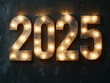 © Julia - 2025 signboard on the wall, highlighted numbers shining like a garland on a dark background