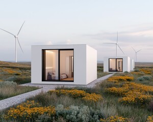 Modern minimalist houses in a grassy landscape with wind turbines.