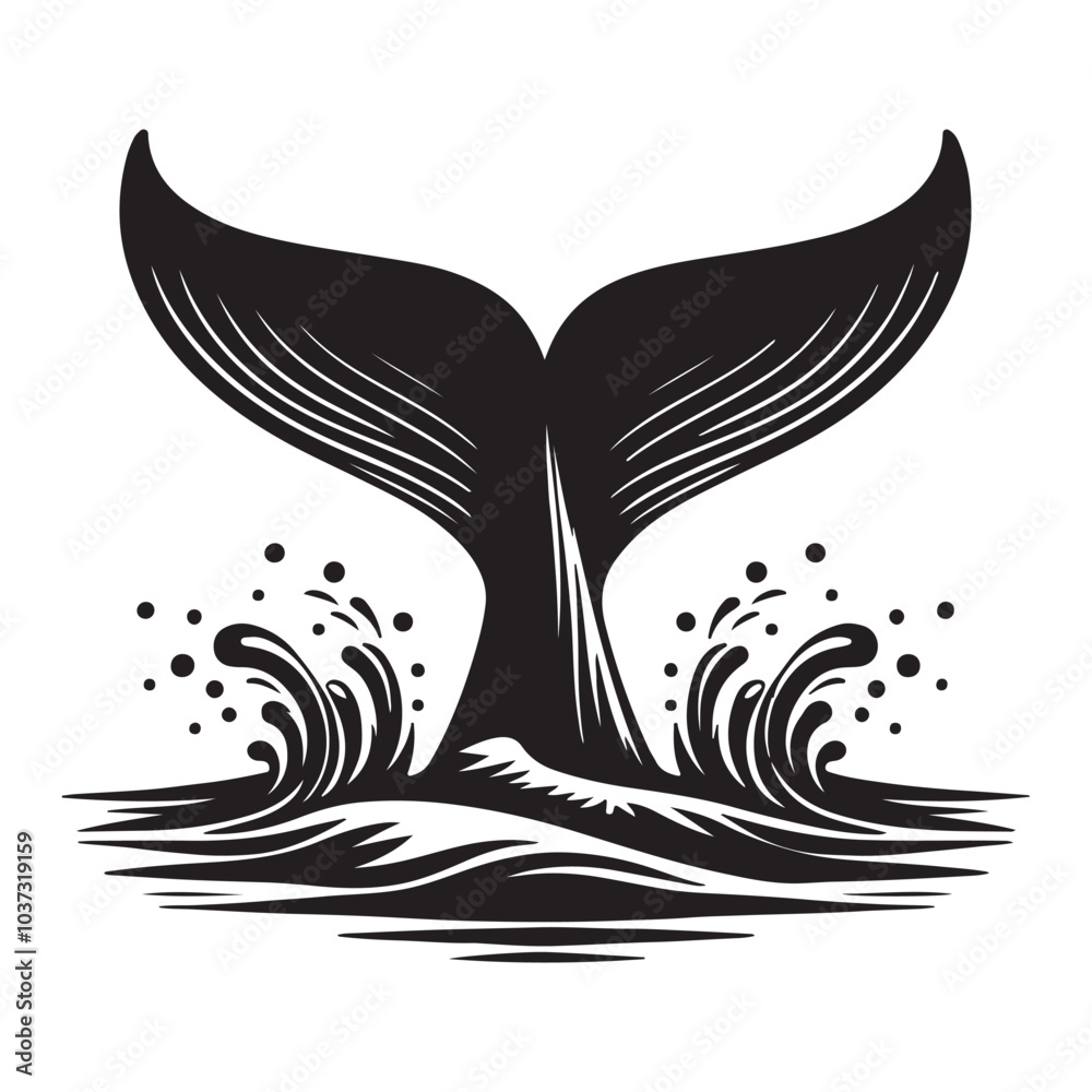 Whale tail in water silhouette vector black color white background ...