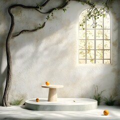 Fototapete - Minimalist 3D studio space featuring a simple concrete floor painted white walls and a product podium showcasing a digital product under soft natural lighting filtering through a window