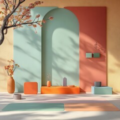 Fototapete - Tranquil 3D studio environment with pastel toned walls and floors a simple empty interior with a central product display stand natural lighting filtered through a window casting warm shadows