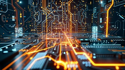 Fototapete - A mesmerizing display of a circuit board with intricate pathways glowing in vibrant orange and blue lights, creating a high-tech atmosphere filled with energy and innovation.
