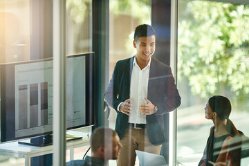 Poster - Computer screen, meeting and statistics with business man in boardroom of office for feedback or report. Data, display and graph with corporate employee in workplace for coaching or development