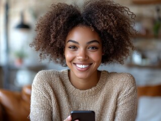 Poster - Happy African American female employee with smartphone gadget communicate with colleagues enjoying