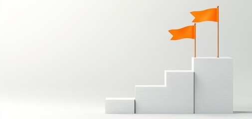 A minimalist illustration of stacked blocks with two orange flags atop, symbolizing achievement and success.