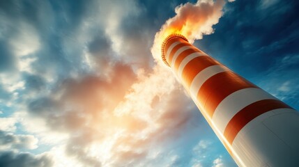 A towering smokestack releases smoke into a cloudy blue sky, symbolizing industrial progress and its environmental impact amidst a dynamic atmosphere.