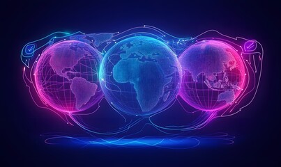 Leinwandbilder - A vibrant digital representation of three interconnected globes, featuring colorful lines and nodes that illustrate a networked world.