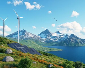 Scenic landscape featuring wind turbines and solar panels near mountains and a lake.