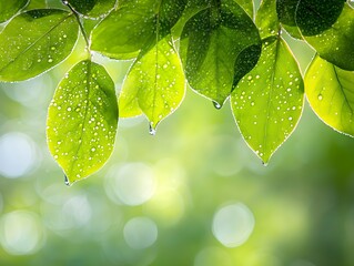 Poster - Fresh Green Leaves with Water Drops and Soft Background
