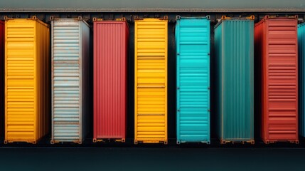 An aerial perspective showing a variety of colorful shipping containers neatly aligned, symbolizing global trade, logistics, and organized commerce.