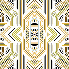 Wall Mural - Stripes, lines and curves ornamental geometric green white yellow seamless pattern. Modern vector white striped background with trendy ornaments. Repeat decorative elegant backdrop. Endless texture.