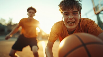 Two boys play basketball on an outdoor court, captured mid-action, displaying youthful enthusiasm and energy in a dynamic and playful sporting moment under the sun.