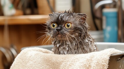 Poster - Wet Cat with Big Eyes in Bathtub After Bath