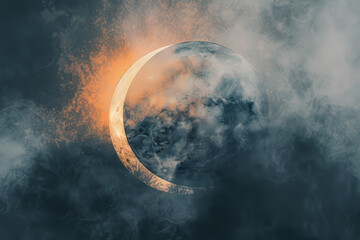 Wall Mural - The crescent moon glows softly, emerging from dense clouds as twilight sets in, creating a serene and enchanting atmosphere in the night sky