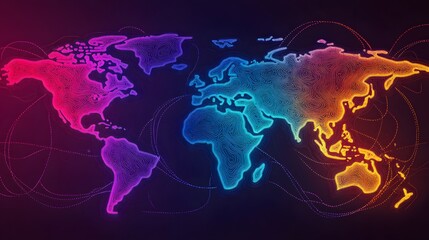 Poster - A vibrant, digital representation of the world map, featuring colorful lines and dots that create an abstract, modern visualization of geographical boundaries.