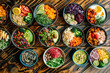 © Людмила Мазур - Table full of bowls of various fruits and vegetables. The bowls are arranged in a row, and the colors and types of food are diverse. Concept of abundance and variety
