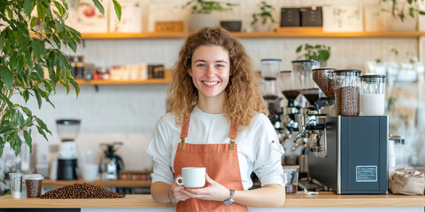 A smiling woman with curly hair holds cup in modern coffee shop, surrounded by coffee equipment and beans. warm atmosphere invites customers to enjoy their drinks