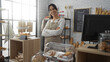 © Krakenimages.com - Woman smiling in a bakery shop with pastries in the background, arms crossed, wearing an apron, standing next to a display case, interior setting with bread, cookies, and a chalkboard menu