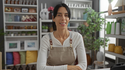 Woman smiling in home decor store filled with vibrant decorations and plants