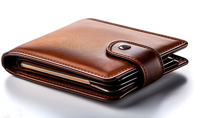 A close-up view of a sophisticated brown leather wallet placed on a clean white background, showcasing its sleek design and craftsmanship. Perfect for fashion and finance-related themes.