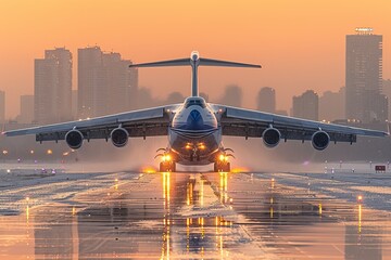 A large cargo aircraft prepares for takeoff at dawn with urban skyline in the background reflecting on the wet runway