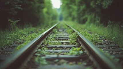 Dense vegetation envelops old railway tracks showcasing natures slow takeover