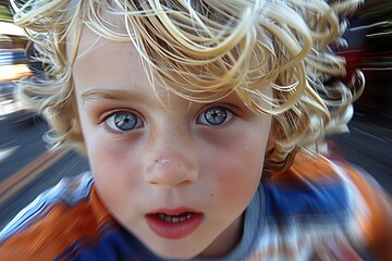 Young child with curly blond hair and bright blue eyes looking directly at the camera during a fun outdoor day with motion blur effect