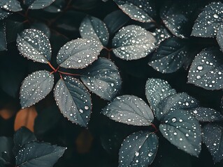 Water Droplets on Dark Green Leaves