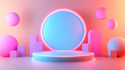 Poster - Vibrant geometric design featuring neon circular and cubic elements in a captivating gradient background for modern displays