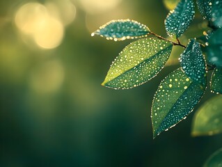 Close-up of fresh green leaves covered with water droplets, illuminated by sunlight. This image captures the beauty of nature and the essence of life.