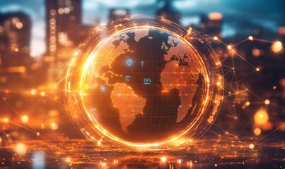 Leinwandbilder - A glowing digital globe overlaid with sparkling data points, set against a blurred urban skyline at dusk.