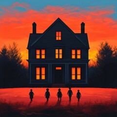 Silhouettes of children in front of a dark house at sunset.