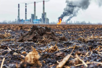 Polluted landscape with industrial smoke and fire emitting from power plant against barren ground on a cloudy day in an urban setting