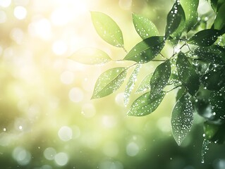 Poster - Glowing Green Leaves with Water Droplets