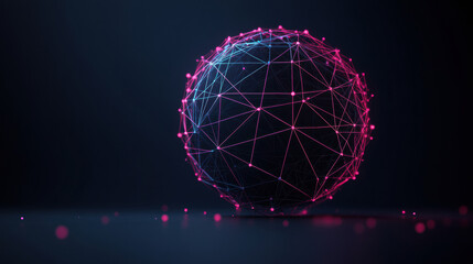 Poster - Spherical 3D grid with interconnected points and lines, glowing in pink and blue hues