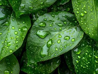 Poster - Fresh Green Leaves with Water Droplets Close-Up