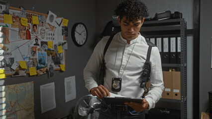 A young hispanic male detective analyzes evidence in a police station's office, surrounded by investigation boards.