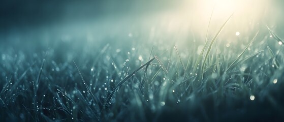 Poster - Dewy Grass with Water Drops in Soft Light