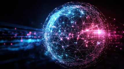 Poster - vibrant spherical 3D grid with interconnected points and lines, showcasing dynamic energy