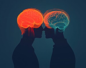 Silhouettes of two heads with vibrant brains, symbolizing connection and communication.