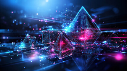 Poster - Symmetrical 3D cubes and pyramids made from wireframe create vibrant scene