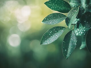 Poster - Fresh Green Leaves with Water Droplets in Morning Light