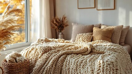 Poster - This sunlit bedroom featuring a comfortable bed adorned with chunky knitted blankets and cushions.