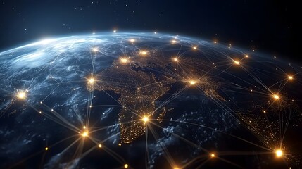 Poster - A stunning view of Earth at night, showcasing illuminated cities and network connections that highlight global connectivity.